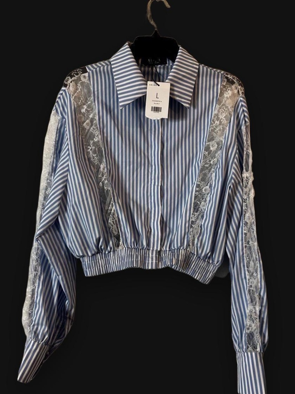 NWT AKIRA white and blue striped cropped blouse with sheer lace panels new